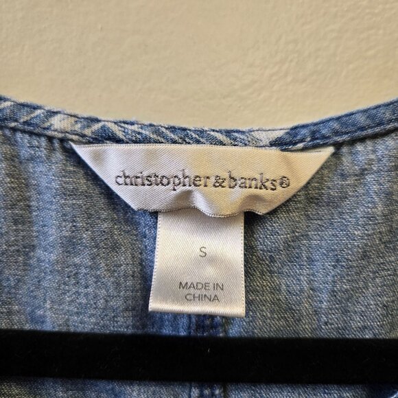 Women's L Blue Sleeveless Palm Tree Print Denim Chambray Shift Dress Jumper - Picture 11 of 11